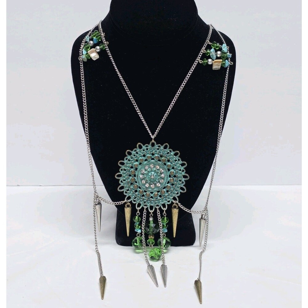 Vintage Boho Mandala Statement Bib Necklace Teal Green Accents